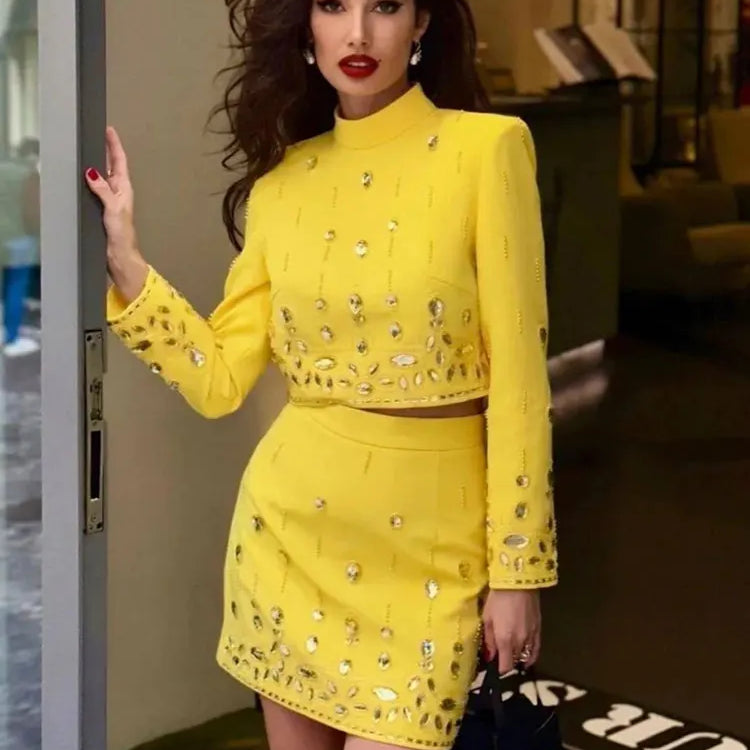 2024 Heavy Industry Nail Bead Inlaid Diamond Short Skirt Set O-neck Long Sleeve Slim Fit Short Top+Nail Bead Skirt Two Piece Set