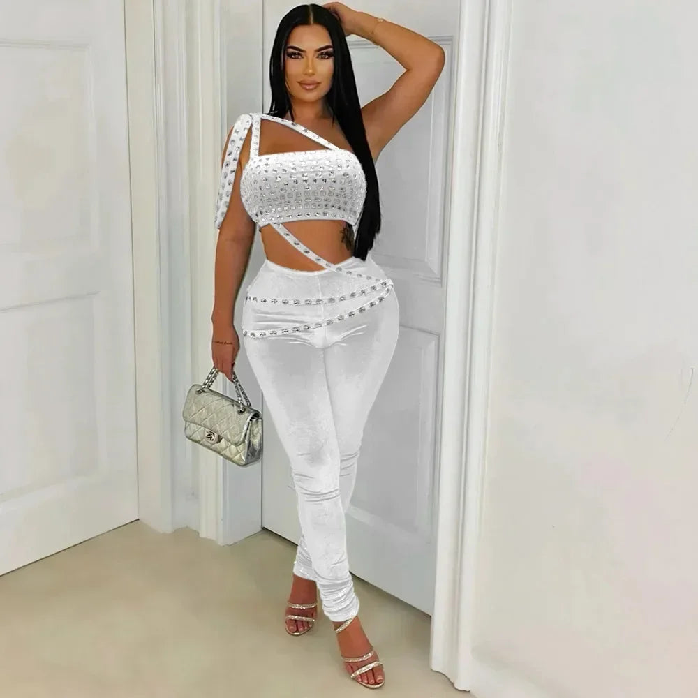 2024 Fall Women Set Velvet Diamonds Hot Rhinestones Strapless Top + Pencil Pants Suit Sets Two 2 Piece Set Party Outfits White