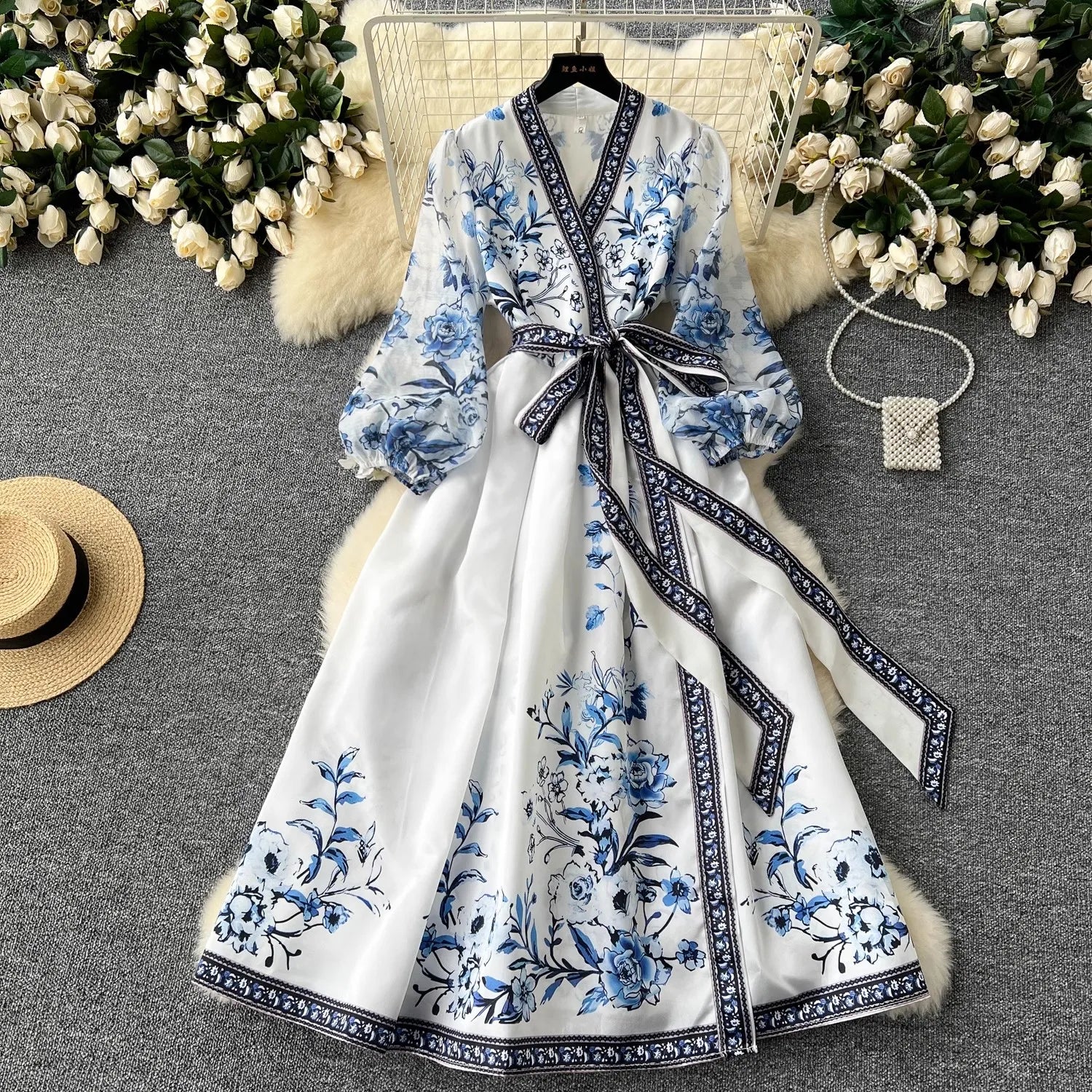 French Gorgeous Flower Holiday Long Dress Women's V-Neck Long Lantern Sleeve Lace Up Vintage Maxi Robes Party Vestidos Clothes as picture