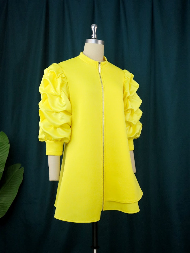 Mini robe droite pour femmes, col haut, manches bouffantes, fermeture éclair, tunique, rétro, Vintage, fête, Club, événements, 4XL, tendance automne hiver 2023