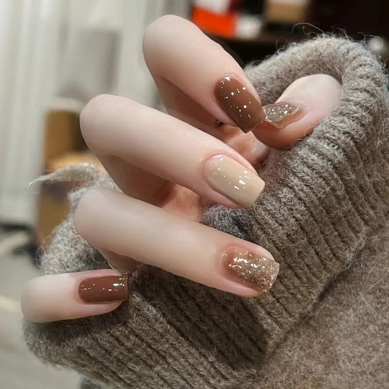 24Pcs Gradient Color Fake Nail Simple Short Ballet Wearable False Nails with Cat Eye Design Press on Nails Full Cover Nail Tips 19