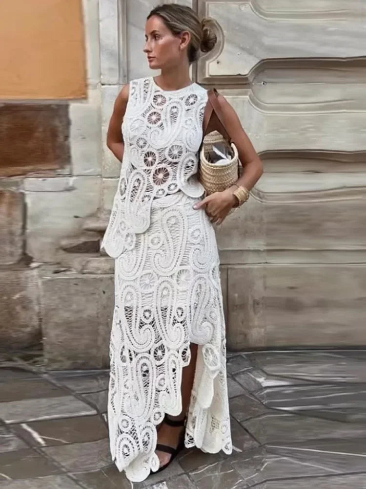 Crochet O Neck Hollow Out Skirt Set Women Chic Hook Flower Sleeveless Top Irregular Skirt Suit Spring Lady Elegant Outfit