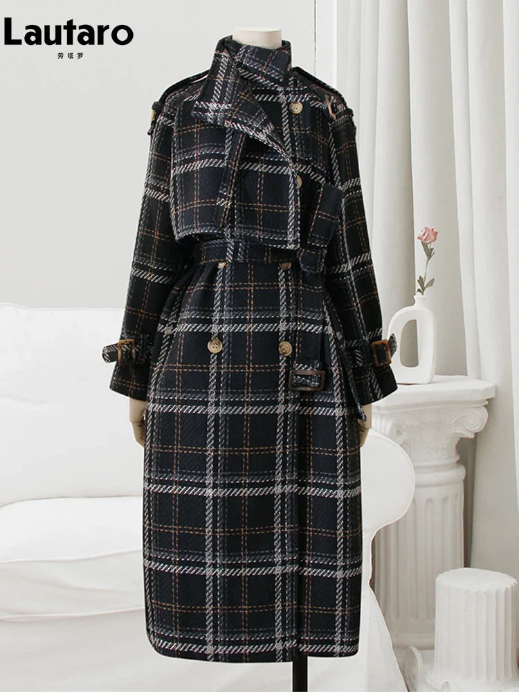 Autumn Winter Long Loose Warm Plaid Wool Blends Trench Coat for Women Raglan Sleeve Belt Double Breasted Woolen Overcoat