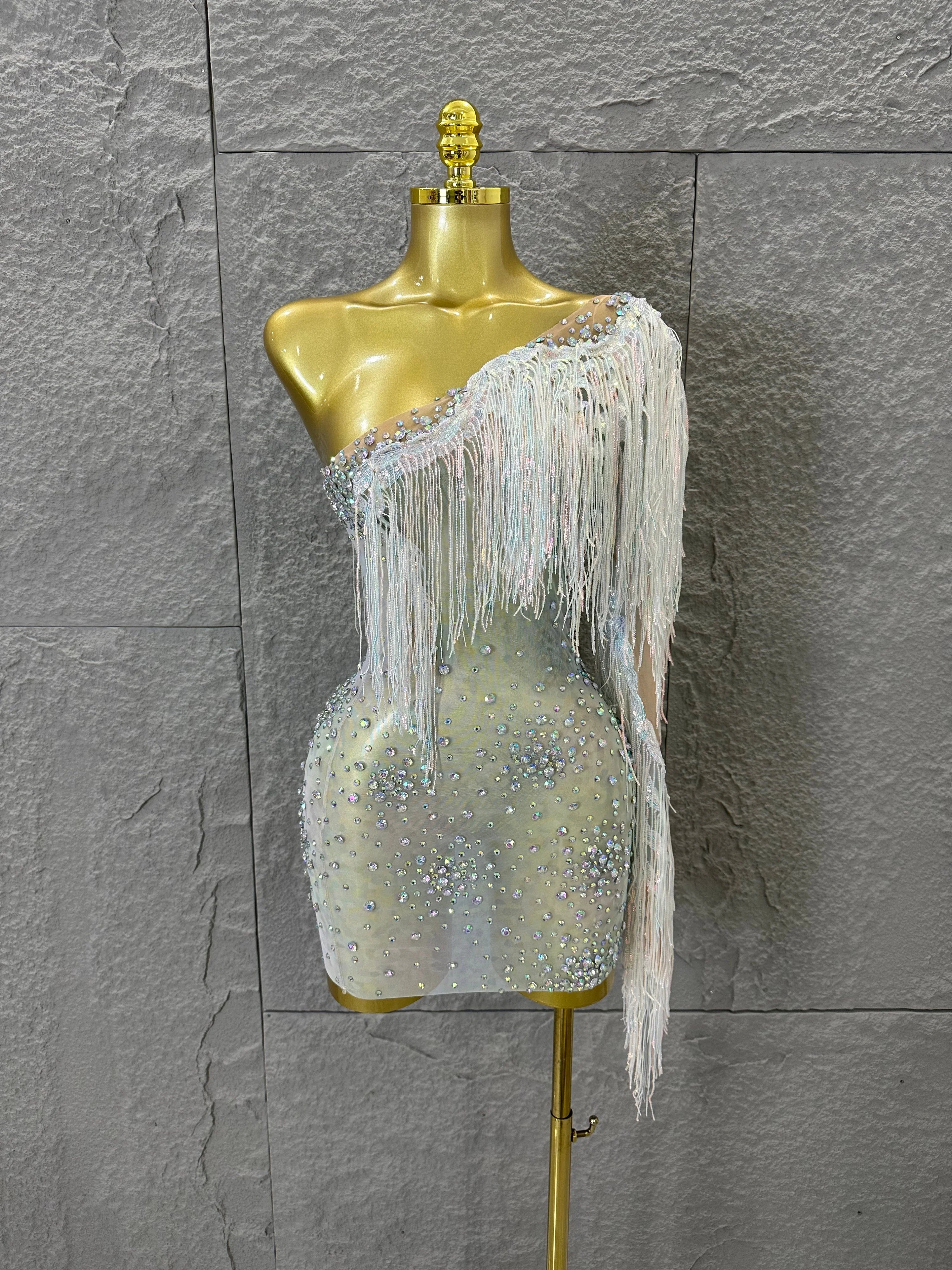 Glamorous Nude Sheer Mesh Dress Women Long Sleeve Flowy Rhinestone Fringe Embellished Nightclub Party Dance Performance Outfit WHITE