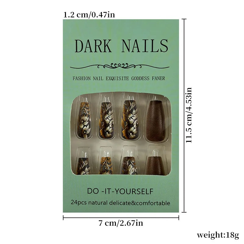 Winter 3D Flower Ballerina Press On Nails Set Long Glossy Coffee Brown False Nails With Golden Floral Accents Fake Nails Set