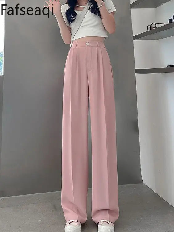 Summer Ice Silk Wide Trousers for Women Loose White Thin Straight Pants Elegant Office Women Baggy Stacked Pants Sweatpants