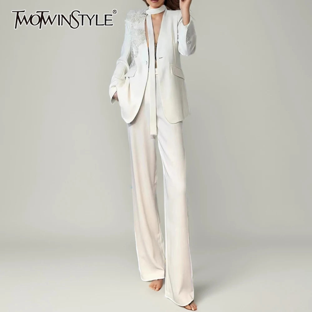 Solid Elegant Two Piece Sets for Women V Neck Long Sleeves Patchwork 3D Flower Top High Waist Pant Set Female New