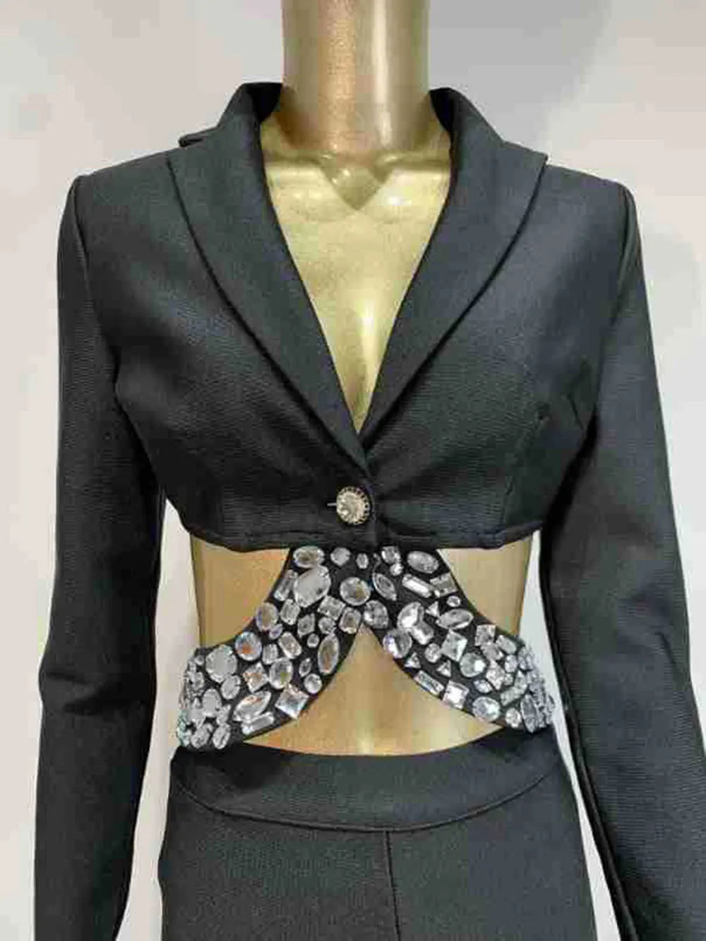 2024 Women Bandage Long Pants Set With Lapel Long Sleeved Nail Bead Design Backless Sexy Ultra Short Jacket+Pants Two-Piece Set