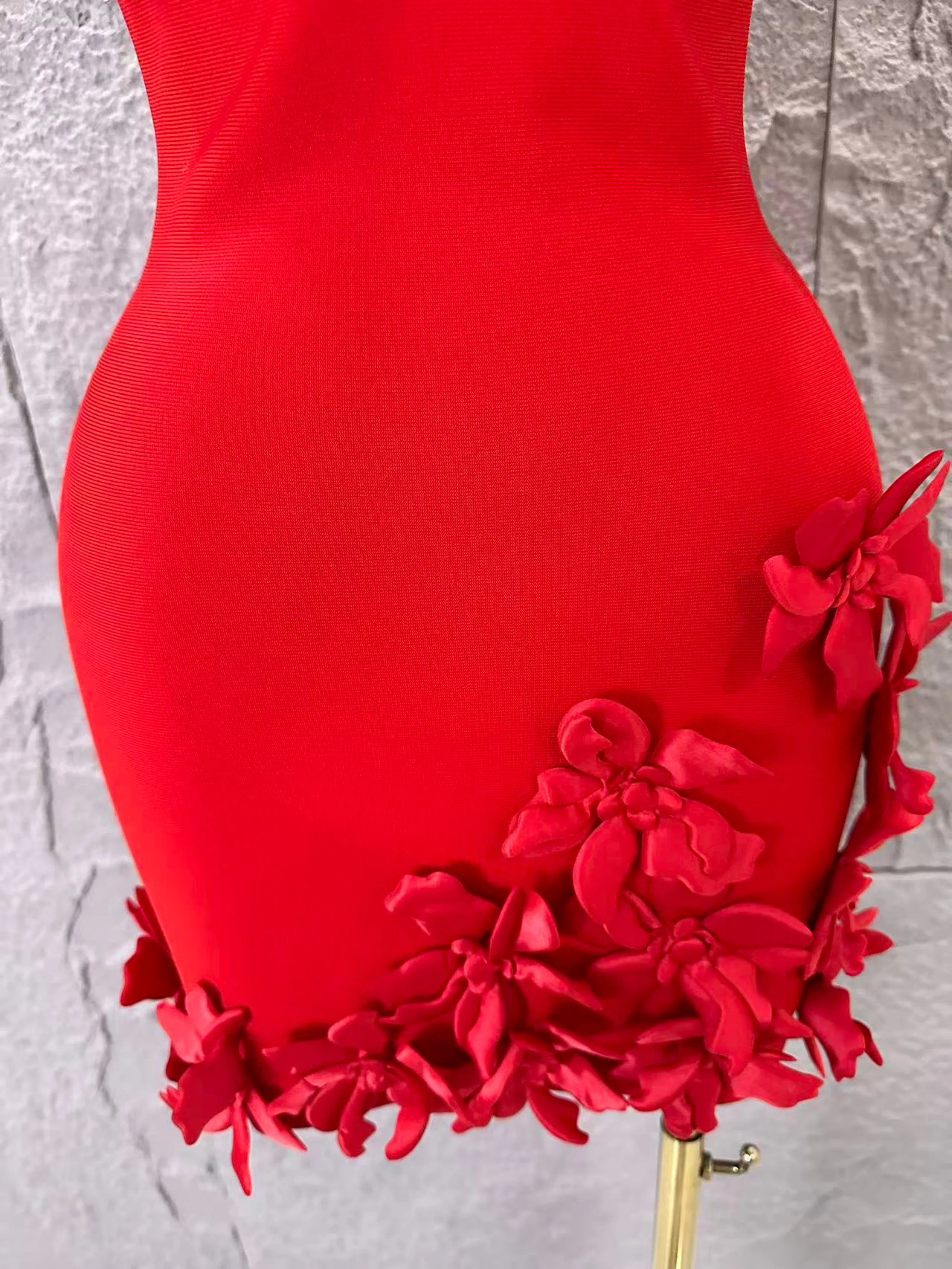 Sexy Deep V Red 3D Flower Applique Dress Slim Fit Bodycon Bandage Night Out Wedding Guest Club Cocktail Evening Party Outfit