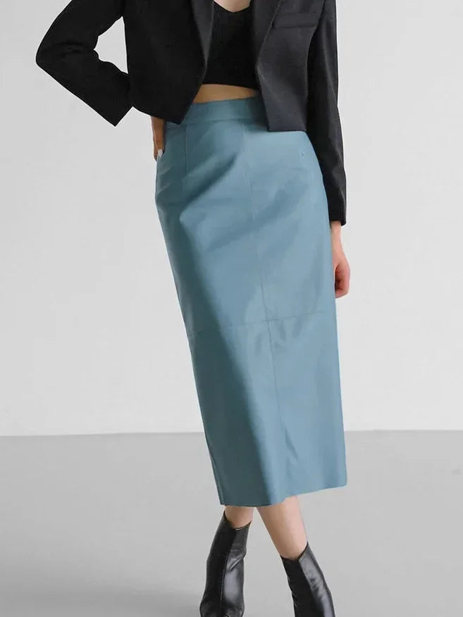 Khaki Wrap Skirts for Women Spring Elegant Simple PU Slit A Line Midi Skirts Black Sexy Slim High Waist Bodycon Skirt Blue