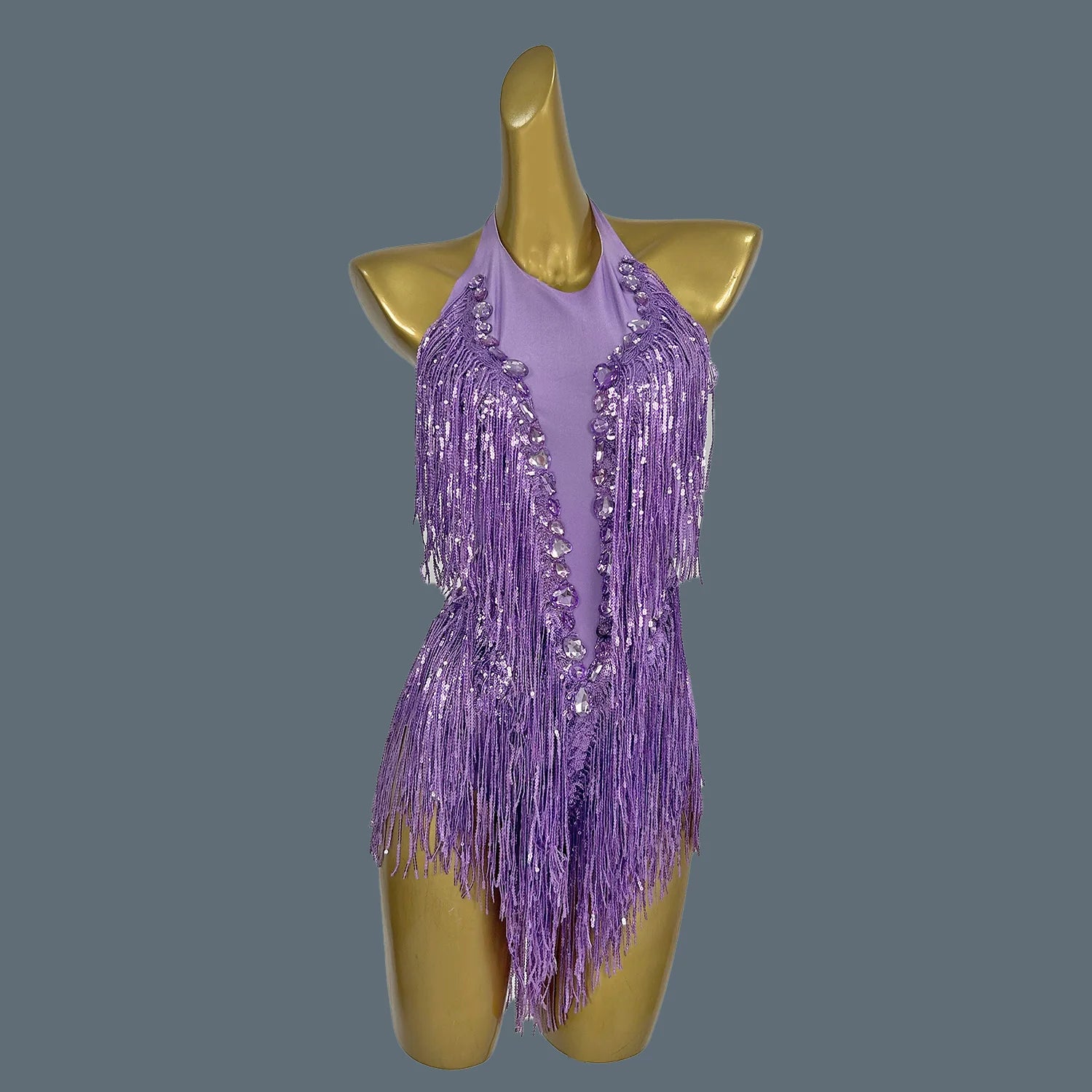 Shining Purple Fringes Luxury Diamonds Bodysuit Women Sexy Stretch Spandex Nightclub Stage Performance Dance Outfit Shuye PURPLE One Size
