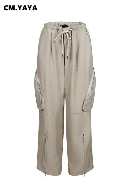 Women Fashion Zipper Pocket Side Zip Fly Split Hem Wide Leg Safari Style Pants 2025 Drawstring Summer Cargo Trousers