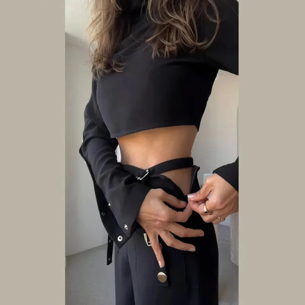 Streetwear Two Piece Set For Women Stand Collar Long Sleeve Top High Waist Pant Wide Leg Pant Chic Sets Female New BLACK