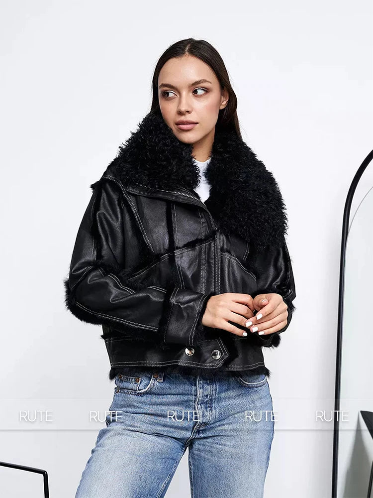 fur coat women winter 2024 Sheepskin Fabric Sheepskin O-Neck Rabbit fur lining Short jacket Fashionable luxury Women's clothing black