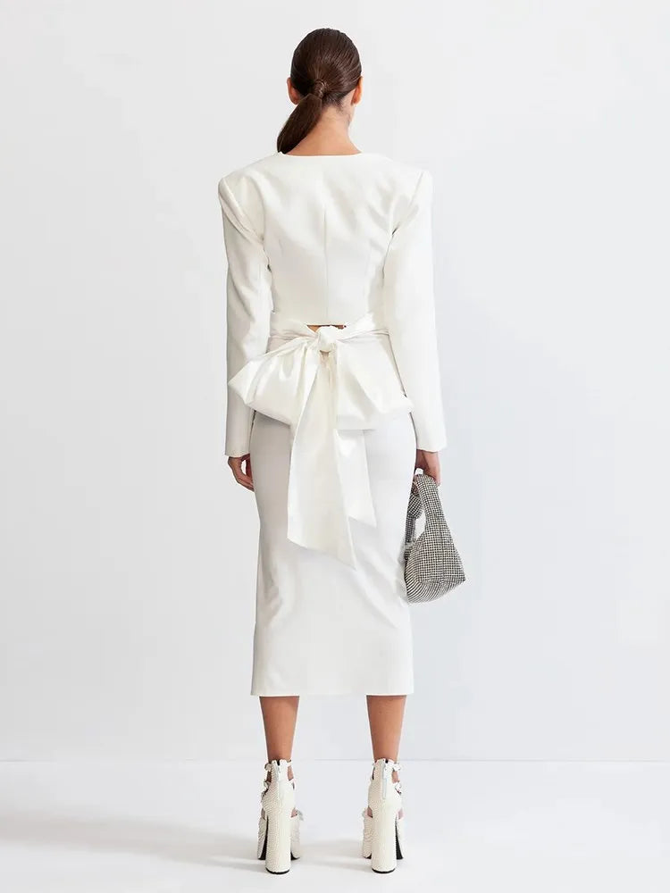 Chic Two Piece Set For Women Round Neck Long Sleeve Top High Waist Spliced Appliques Skirt Elegant Sets Female New