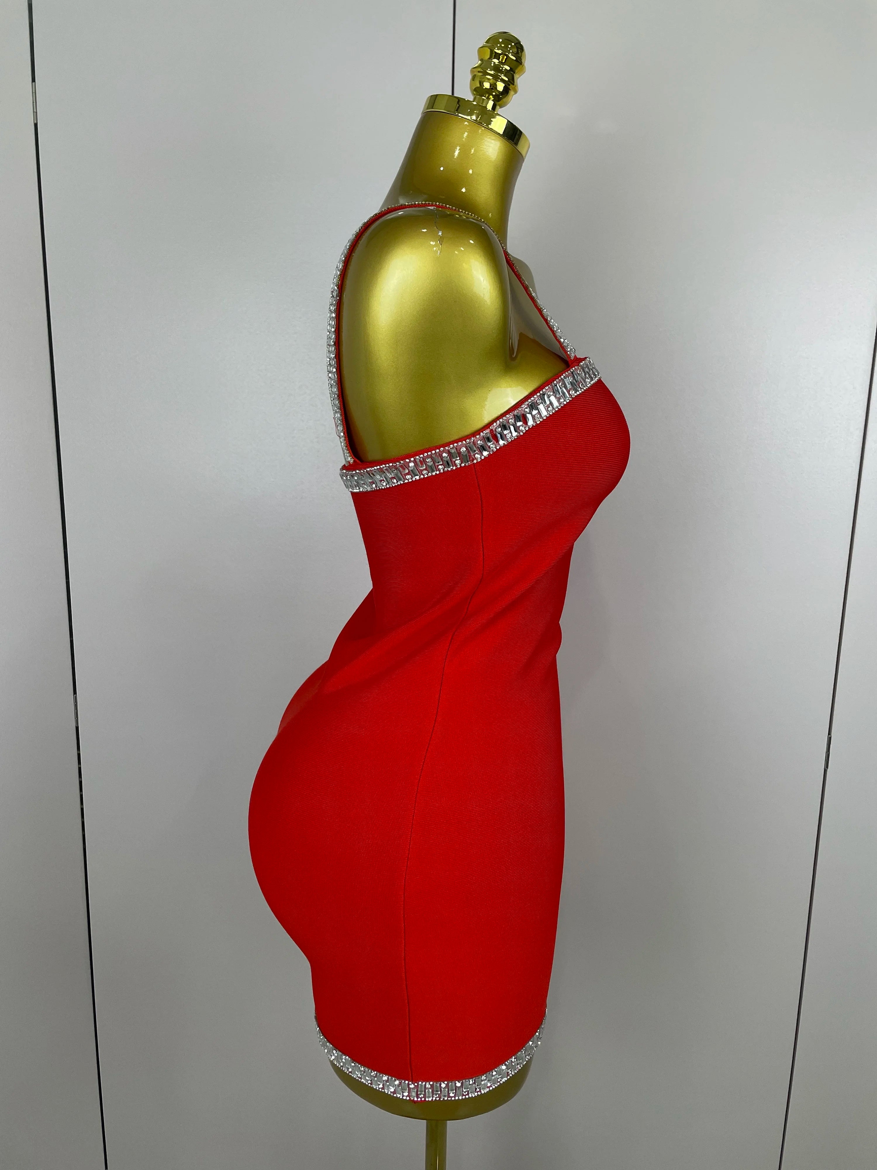 2025 Women Celebrity Luxury Sexy Summer Square Collar Red Crystal Mini Bandage Dress Knitted Elegant Evening Club Party Outfit