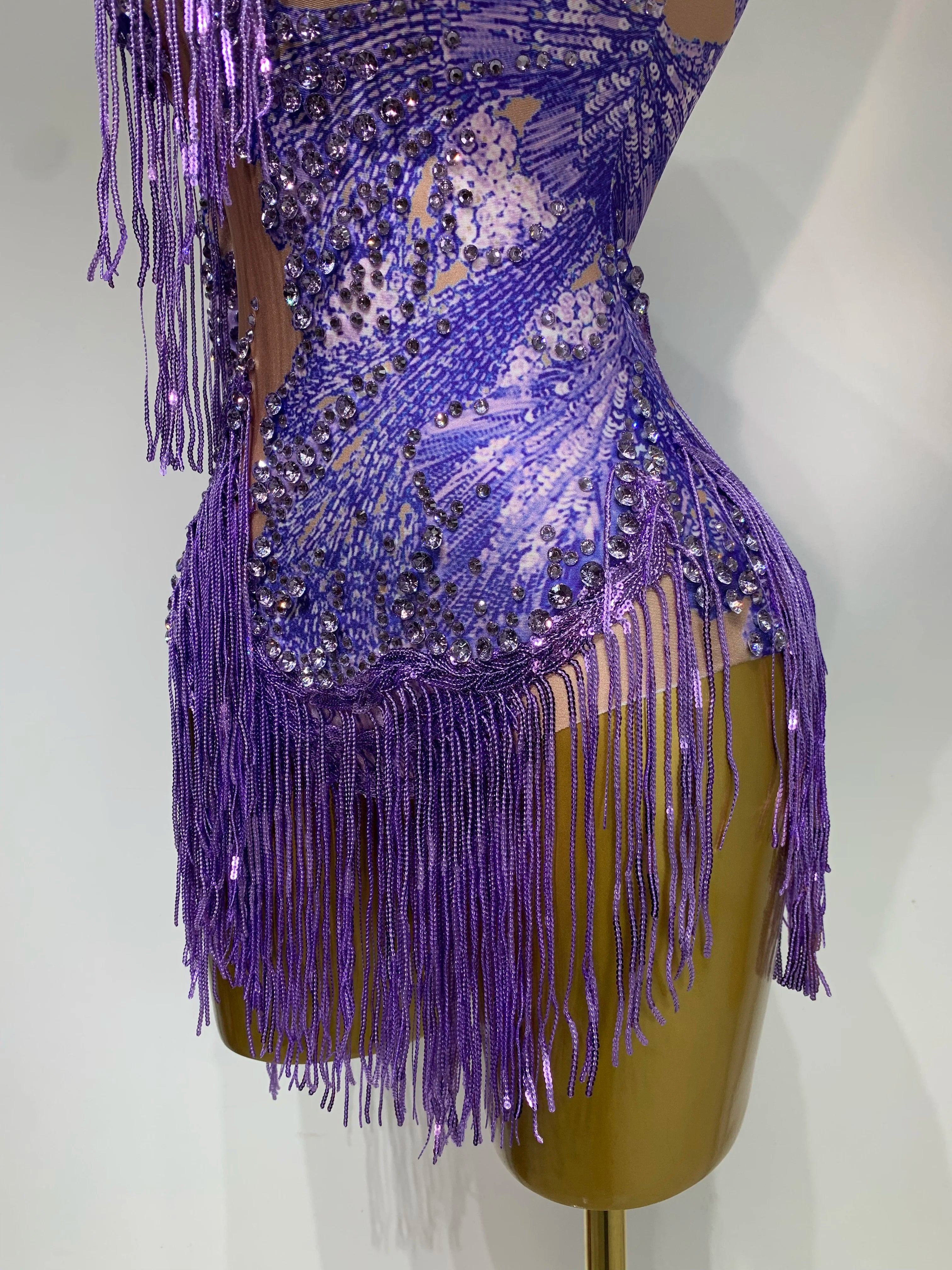 Sexy Sparkly Purple Rhinestones Tassel One Shoulder Sleeve Mini Dress Evening Party Birthday Nightclub Stage Performance Outfit