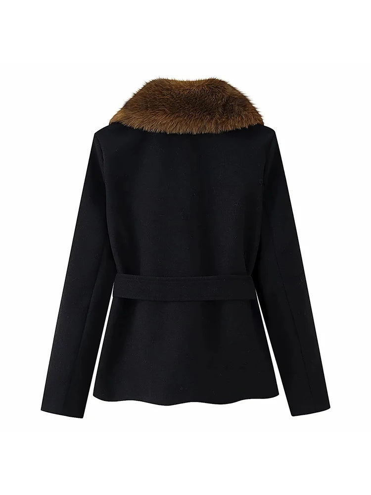 Women New Elegant Faux Fur Coat Women Lace Up Lapel Full Sleeves Fluffy Jackets Fashion Warm Outwears Lady