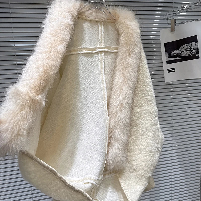Winter New Lazy Style Furry Edge Fleece Loose Batwing Shawl Short Coat For Women Jacket Female 11A07763
