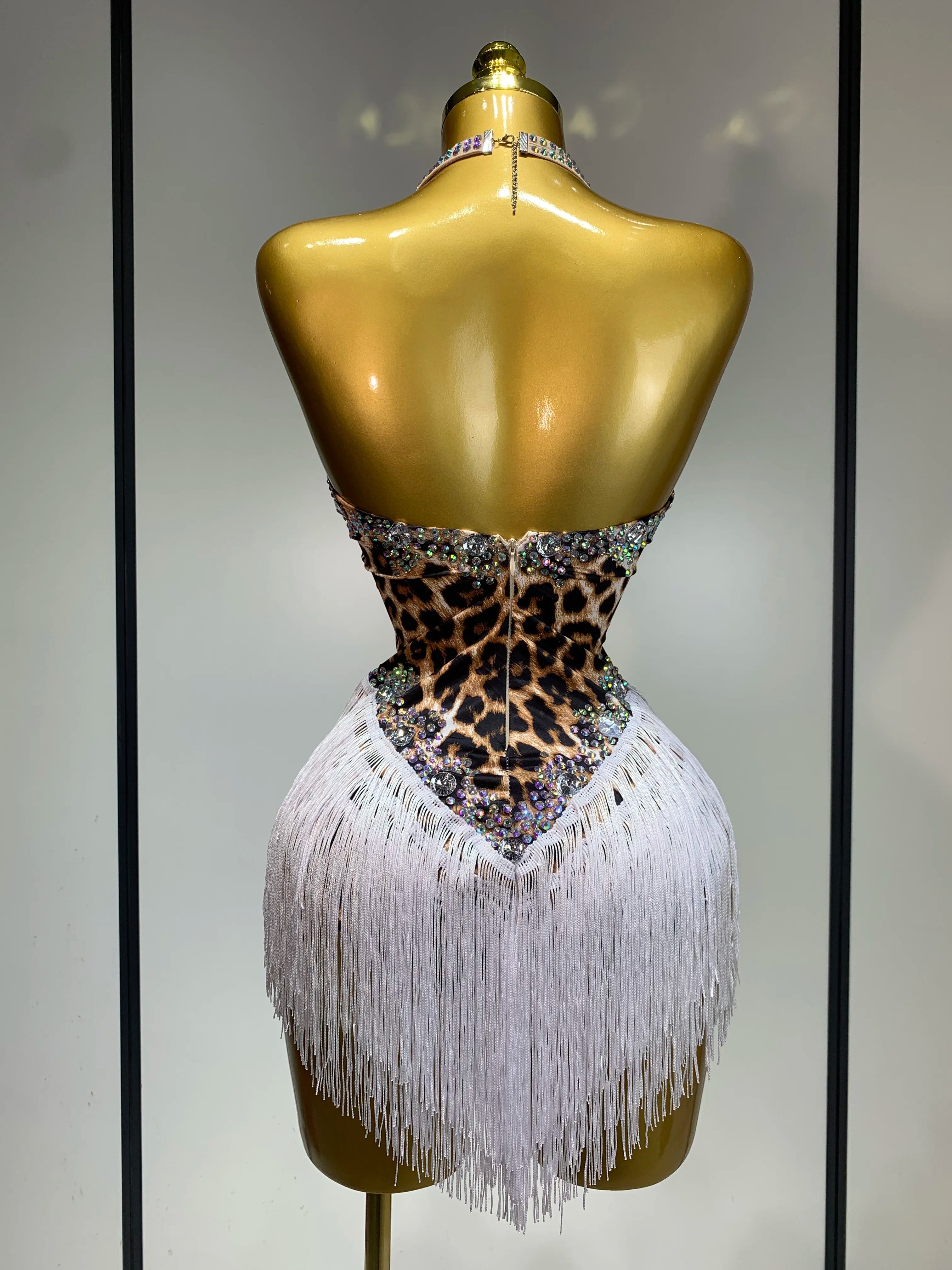 Sexy Backless Sparkly Rhinestones Tassel Leopard Print Bodysuit Performance Dance Costume Singer Dancer Stage Wear Club Outfit