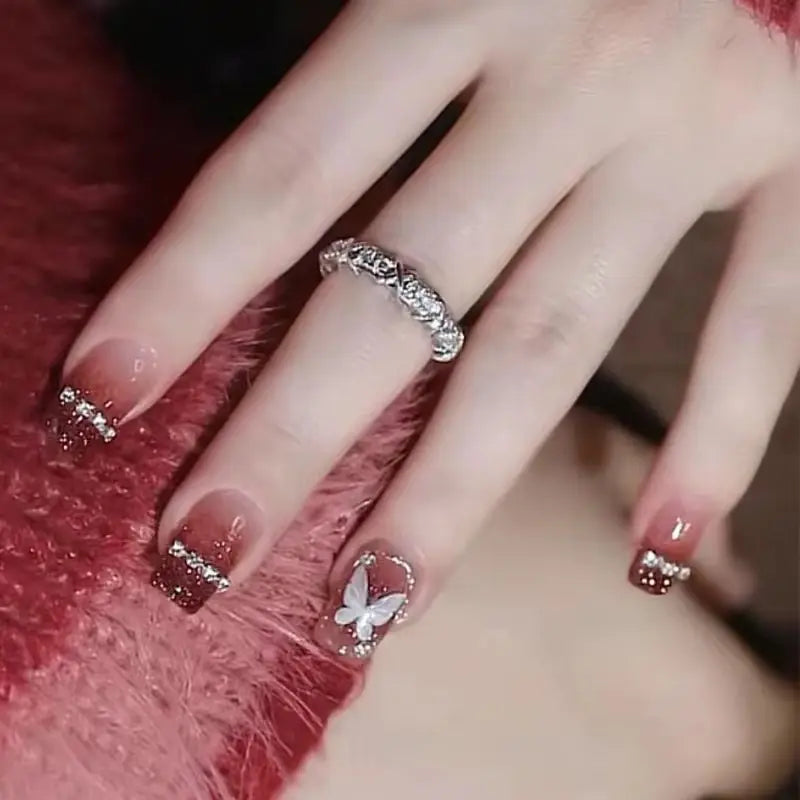 24Pcs Mid-length Gradient Finger Nails with White Butterfly Pattern Designs French Fake Nails Diamond Wearable Fashion Nail Tips