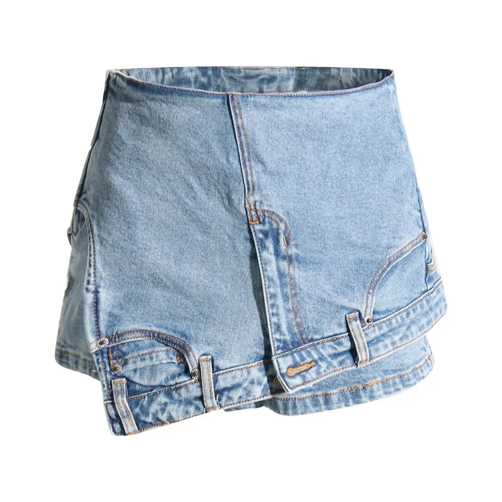 Patchwork Pocket Irregular Chic Denim Shorts For Women High Waist Spliced Zipper Designer Short Pants Female New BLUE