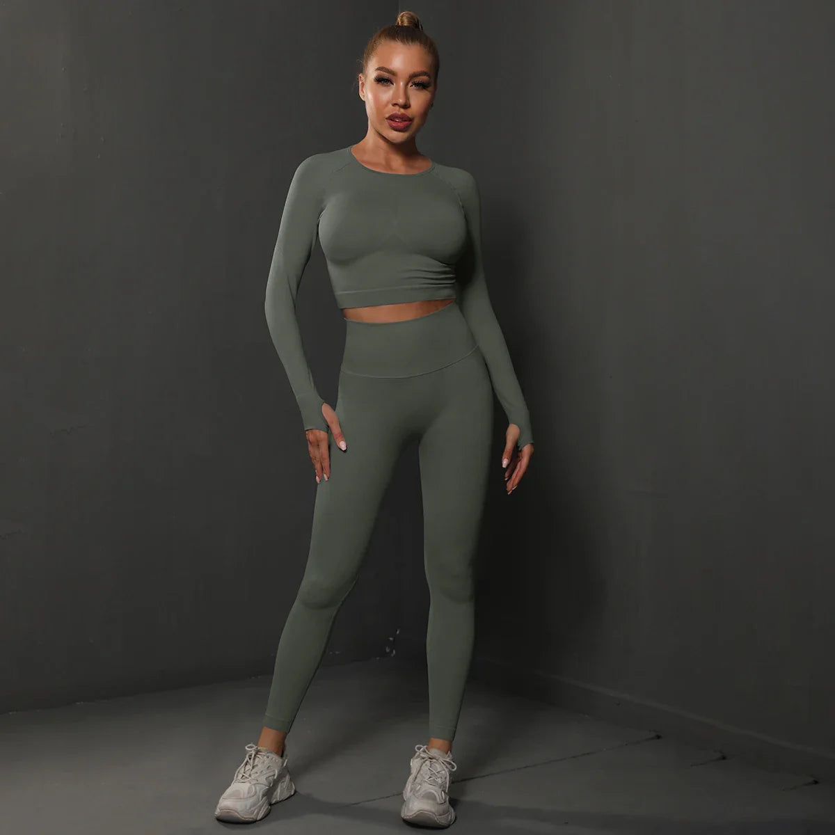 2Pcs Women Sets Energy Seamless Gym Suits Bubble Butt Sports Pants+Long Sleeve Shirts Push Up Running Sets Tracksuits Tights Set Dark Grey