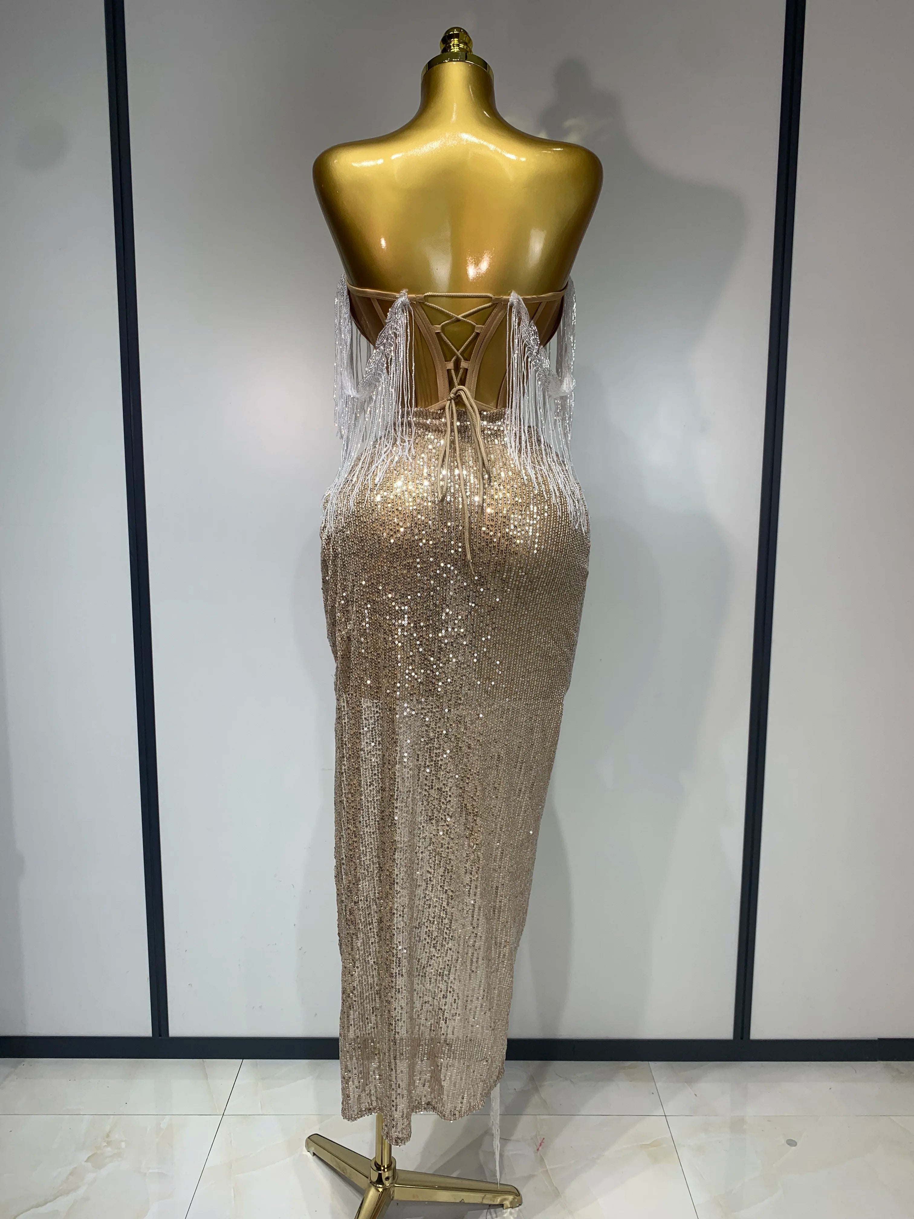 Women Sexy Singer Performan Costume Nightclub Girl Sparkly Sequin Tassel Two Piece Set 2025 Evening Party Luxury Birthday Outfit