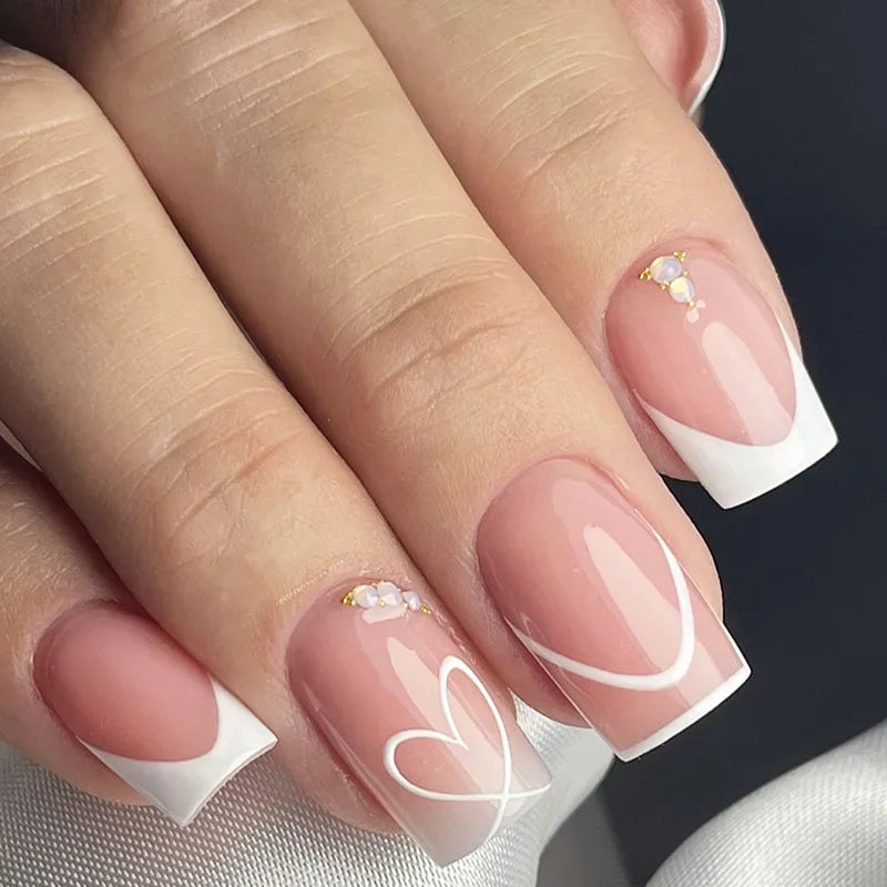 24Pc Square French Fake Nails with Heart Love Designs Glossy White Pink Press on Nails Full Cover False Nail for Valentine's Day 5