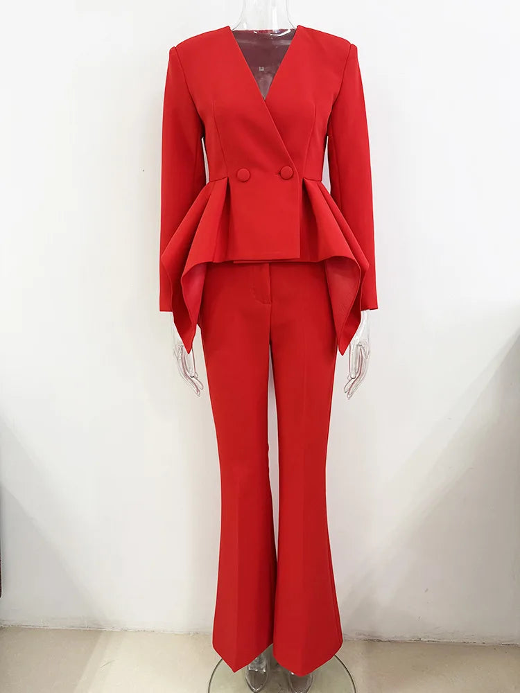 2025 New Red Color Women Long Sleeve Ruffles V-Neck Fashion Women's Set Elegant Evening Party Office Lady Wear Top Quality