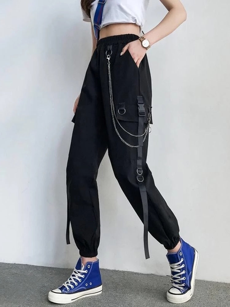 Women Cargo Pants Harem Pants Fashion Punk Pockets Jogger Trousers With Chain Harajuku Elastics High Waist Streetwear