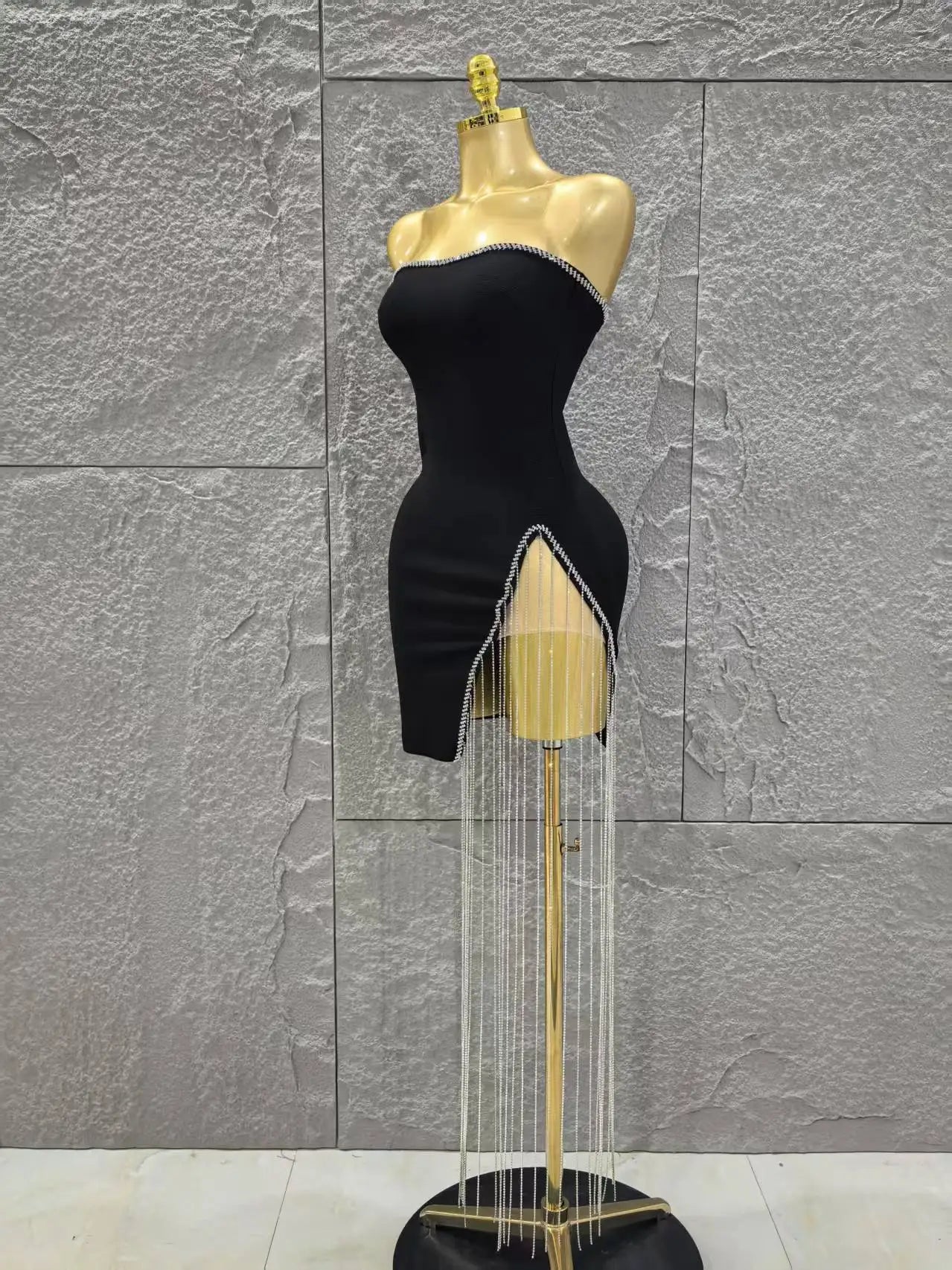 Women Sexy Strapless Diamond Chain Bodycon Mini Bandage Dress Celebrate Nightclub Party Birthday Cocktail Outfit