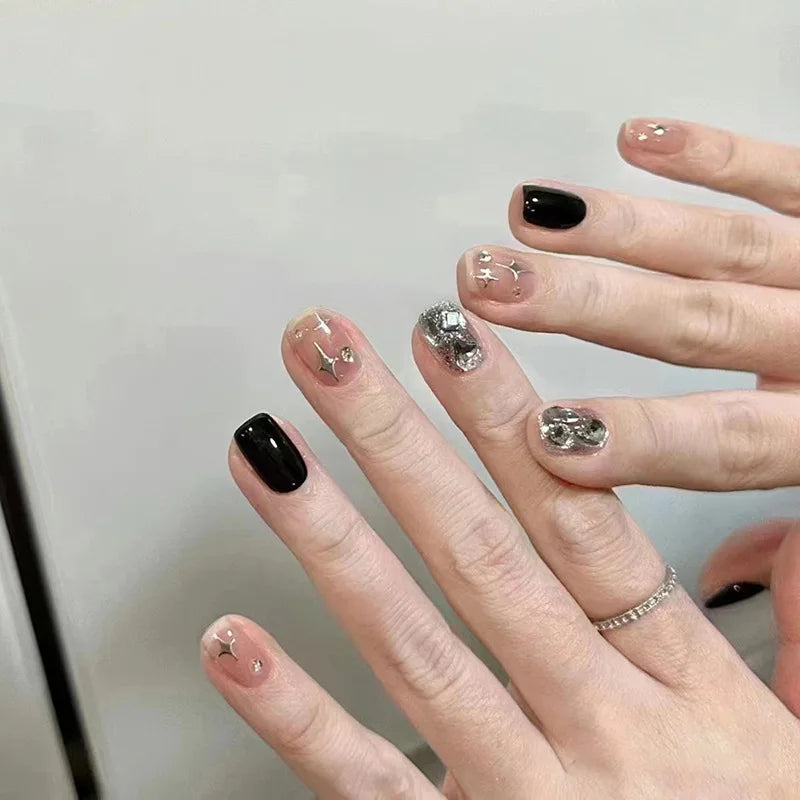 24Pcs Pink False Nails with Glue Ballerina Full Cover Nail Tips Simple Fake Nail with Star Rabbit Design Wearable Press on Nails 805