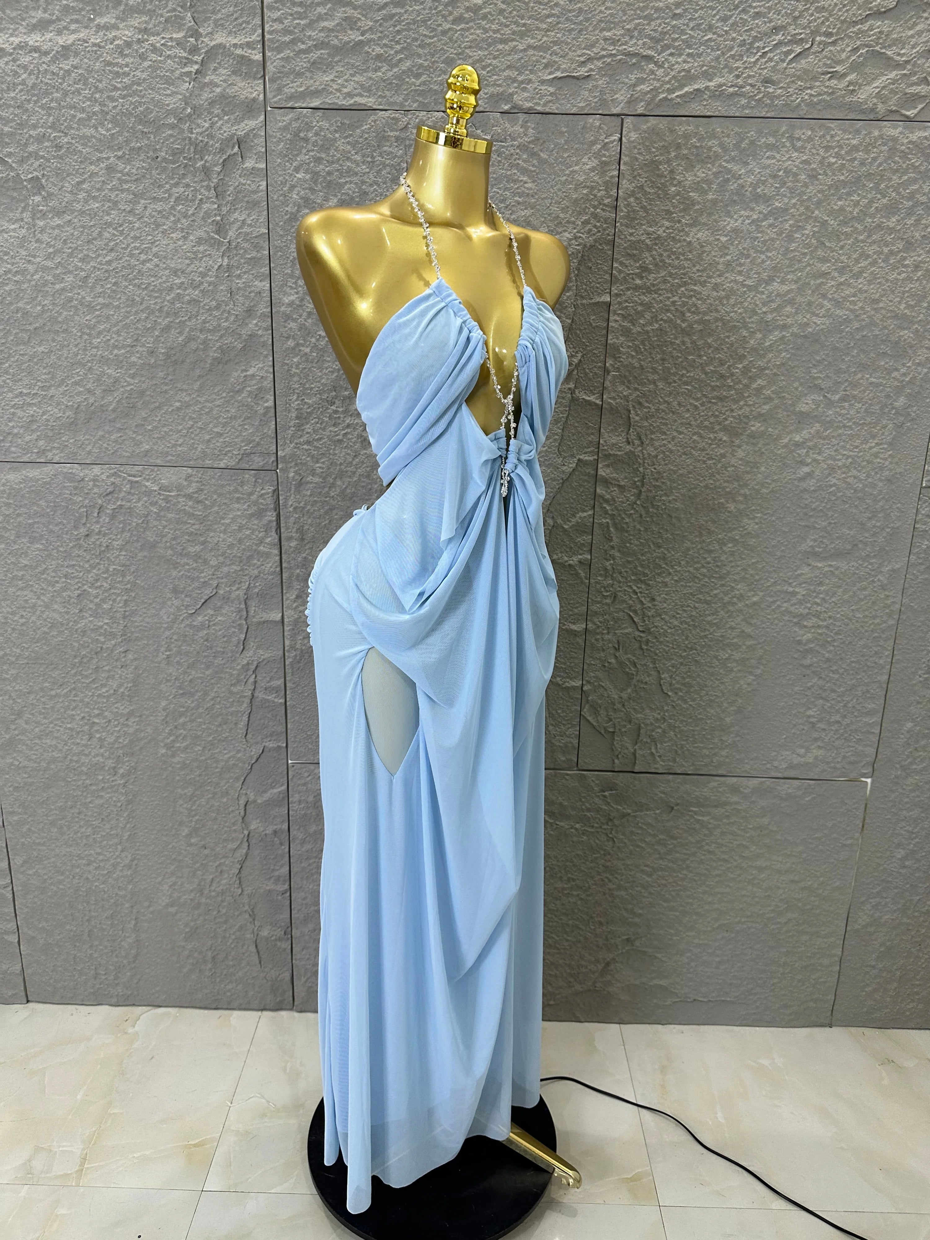 Sexy Halter Neck Maxi Dress Crystal Chain Cutout Ruched Women Sheer Mesh Form Outfit Glamorous Evening Gala Party Costume