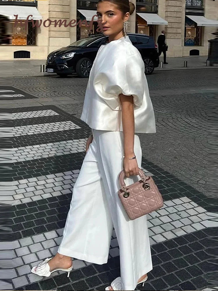 Elegant Satin Ruffle Shirt for Women Lantern Short Sleeve Loose O-neck Female Top Spring Summer Fashion Lady Streetwear