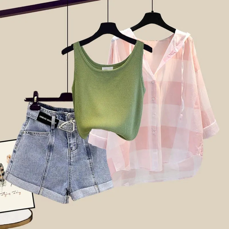 Women's Summer Shorts Suit 2024 New Casual Shirt+Strap+High Waist Jeans Three Piece Korean Elegant Blouse Pants Matching Set Set 08