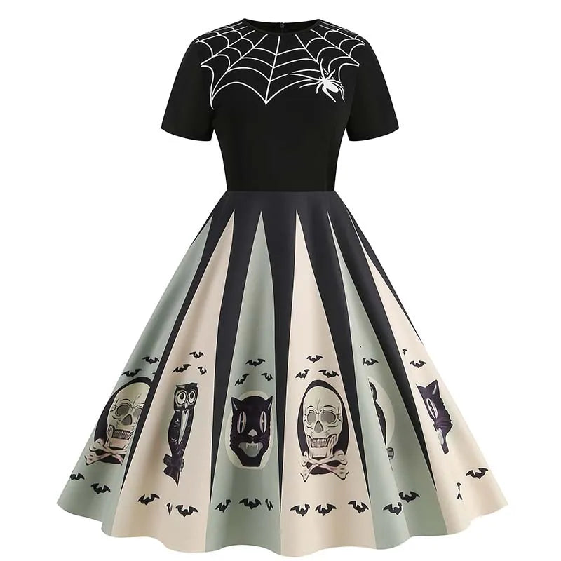 Women Halloween Costumes Dresses Short Sleeve Print 2024 Autumn Winter Vintage Party Dress Vestidos 001