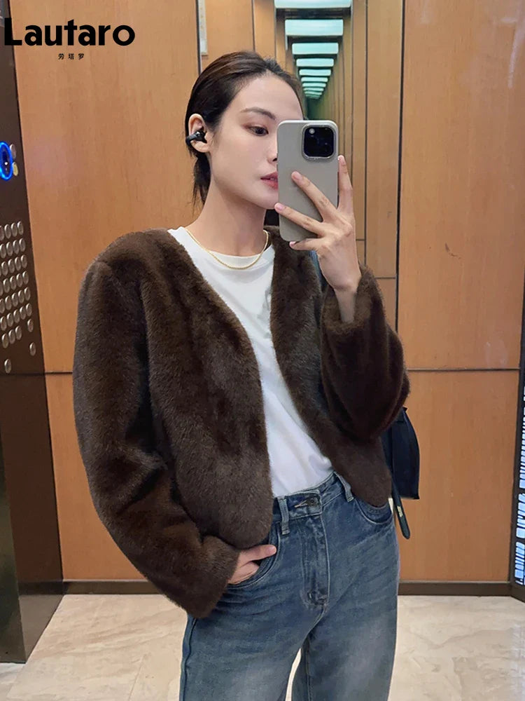 Autumn Winter Chic Luxury Soft Thick Warm Brown Faux Mink Fur Coat Women with Deep V Neck Long Sleeve Fluffy Jacket 2024