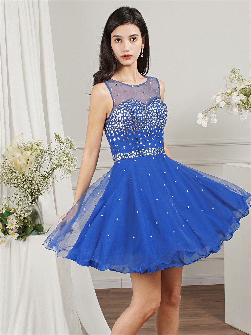 Robe de soirée courte bleu Royal pour Juniors, en Tulle à perles, col rond, dos nu, ligne A, Mini robe de bal pour femmes