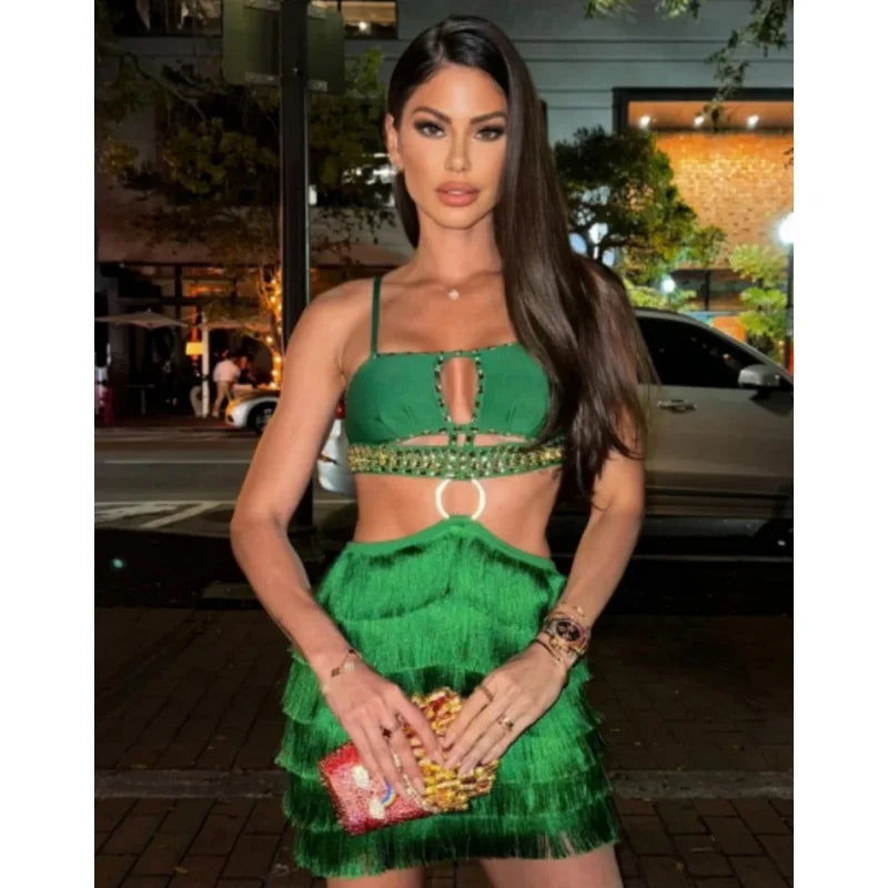 STOCK Stylish Tassel Sexy Hollow Out Spaghetti Strap Mini EvenDress Summer Holiday Vocation Vestido Music festival Outfit