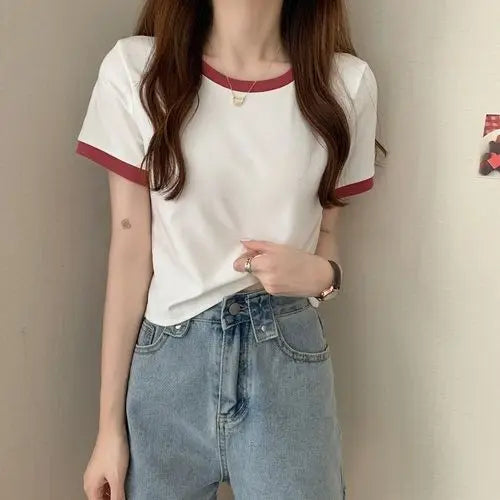 Women Short T-shirts Summer Lady Patchwork Korean Slim Cropped Tee Shirt Tops CDPF-WYP-6762 White