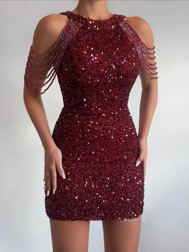 Summer New In Fashion Women's Dress Sequined Luxury Party Short Dresses Chic and Elegant Sexy Crystal Tassel Evening Dress Burgundy