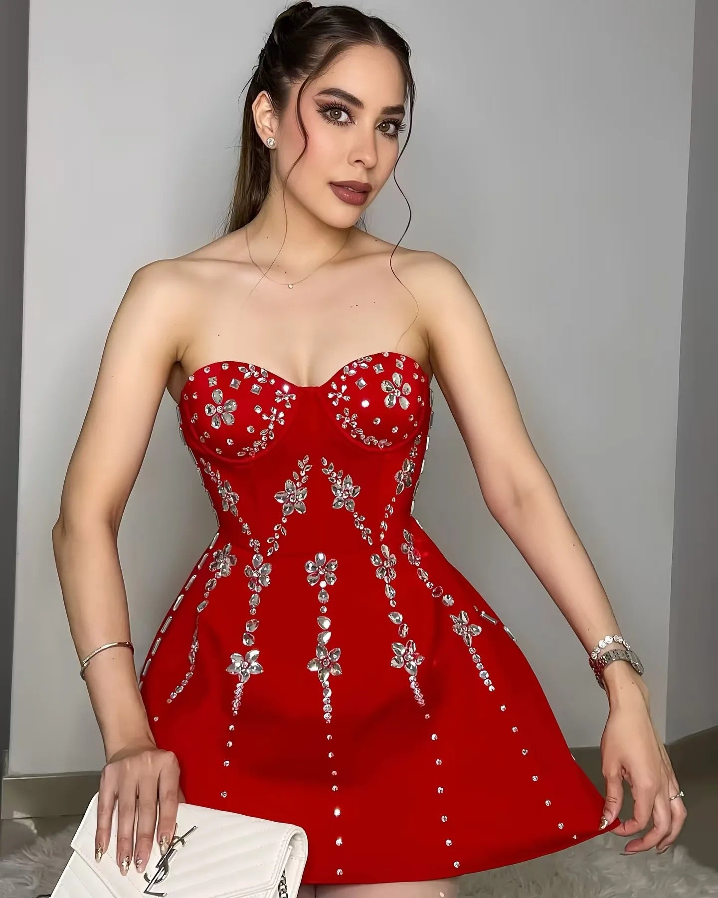 Black Red Women Sexy Strapless Shinning Crystal A-Line Mini Bandage Dress Celebrate Christmas Nightclub Party Outfit