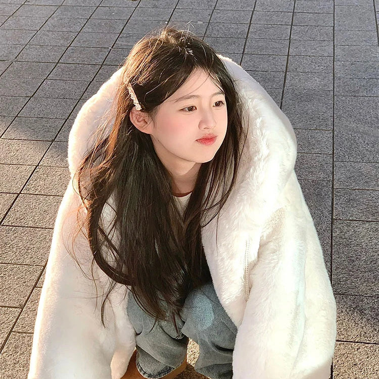 Lautaro Autumn Winter Thickened Warm White Reversible Faux Fur Coat Women with Fake Fur Inside Loose Luxury Cute Fluffy Jacket