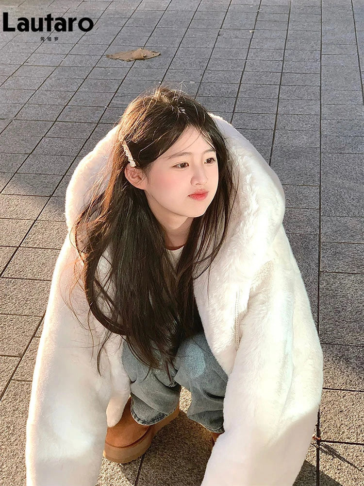 Lautaro Autumn Winter Thickened Warm White Reversible Faux Fur Coat Women with Fake Fur Inside Loose Luxury Cute Fluffy Jacket