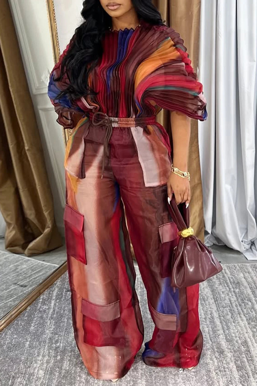 Plus Size Daily Hot Pink Gradient Round Neck Batwing Sleeve Half Sleeve Cargo Pleated Two Piece Pant Sets Brown