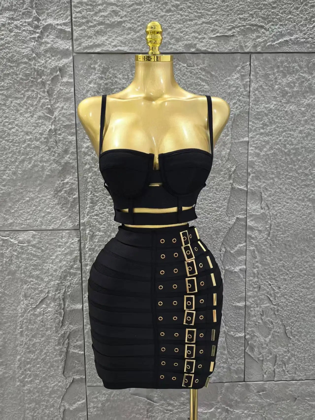 Black Color Women Sleeveless Sexy Strap 2 Pieces Bodycon Mini Bandage Dress Nightclub Party Birthday Fashion Outfit Vestido black