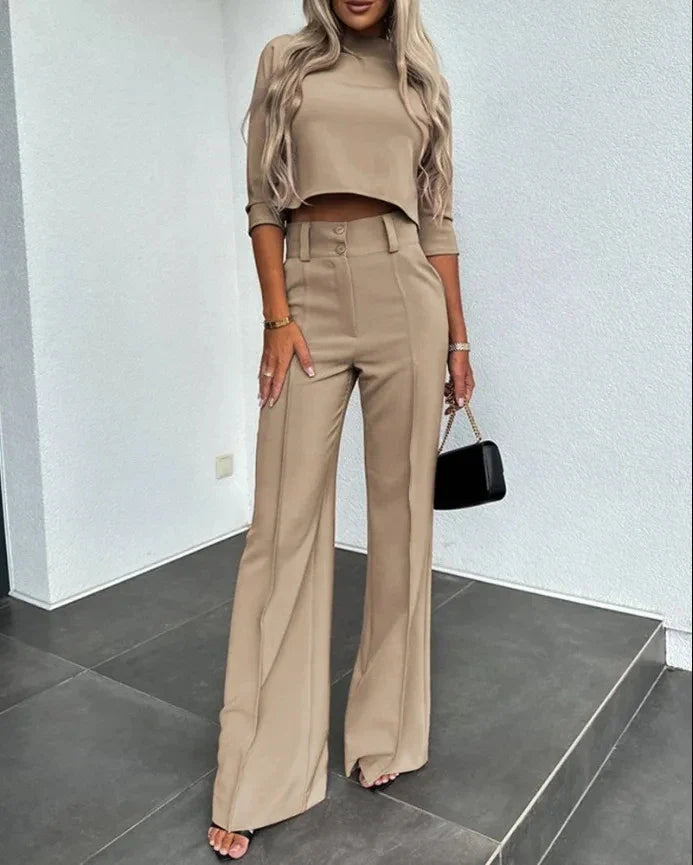 2024New Fashion Women's Elegant Small High Neck Casual Shorts Top Pocket Micro Horn Elegant Pants Set Khaki
