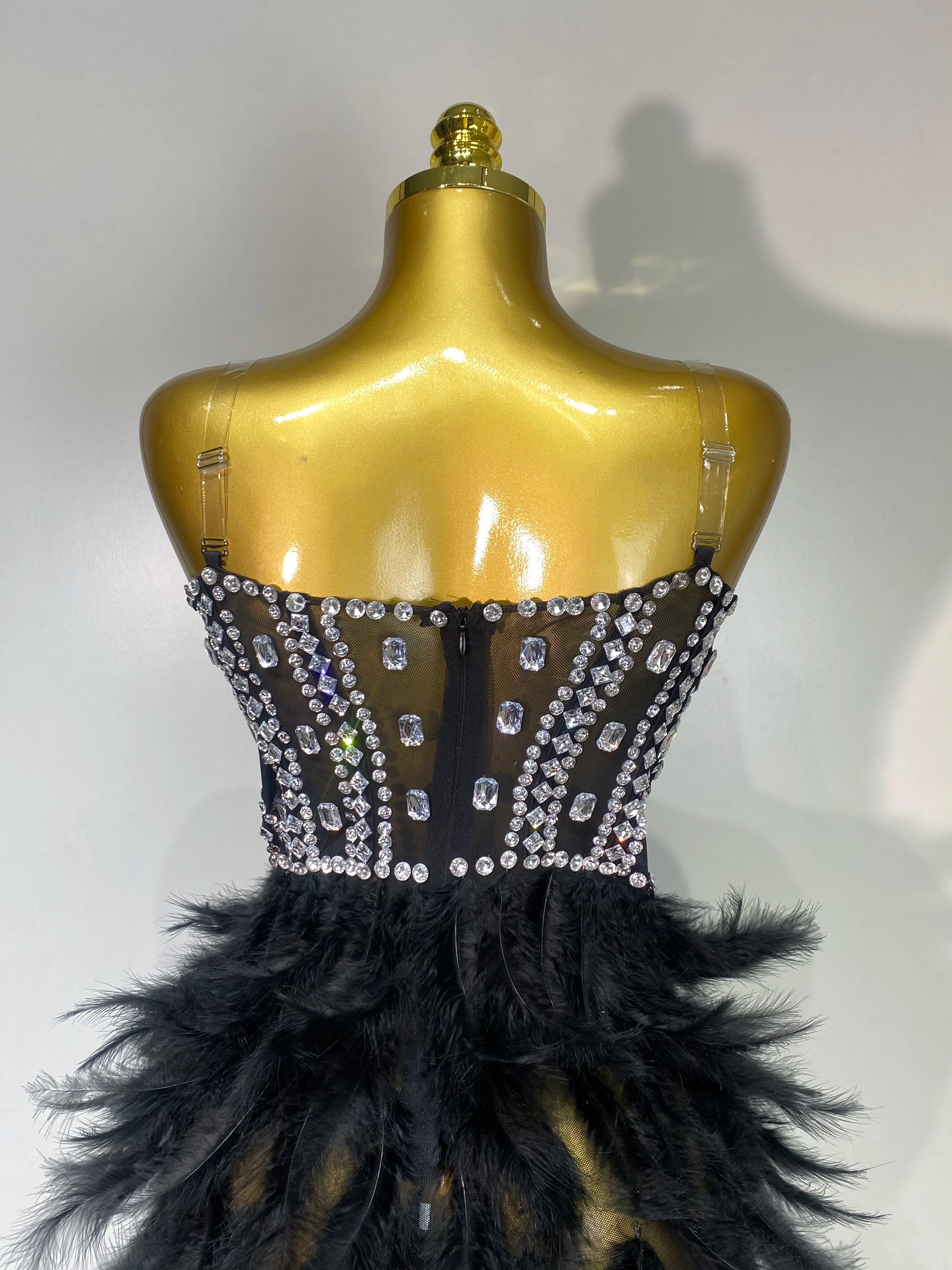 Luxury Birthday Evening Party Long Dress Women Sexy High Slit Backless Gowns Diamonds Feather Patchwork Stage Perform Costume