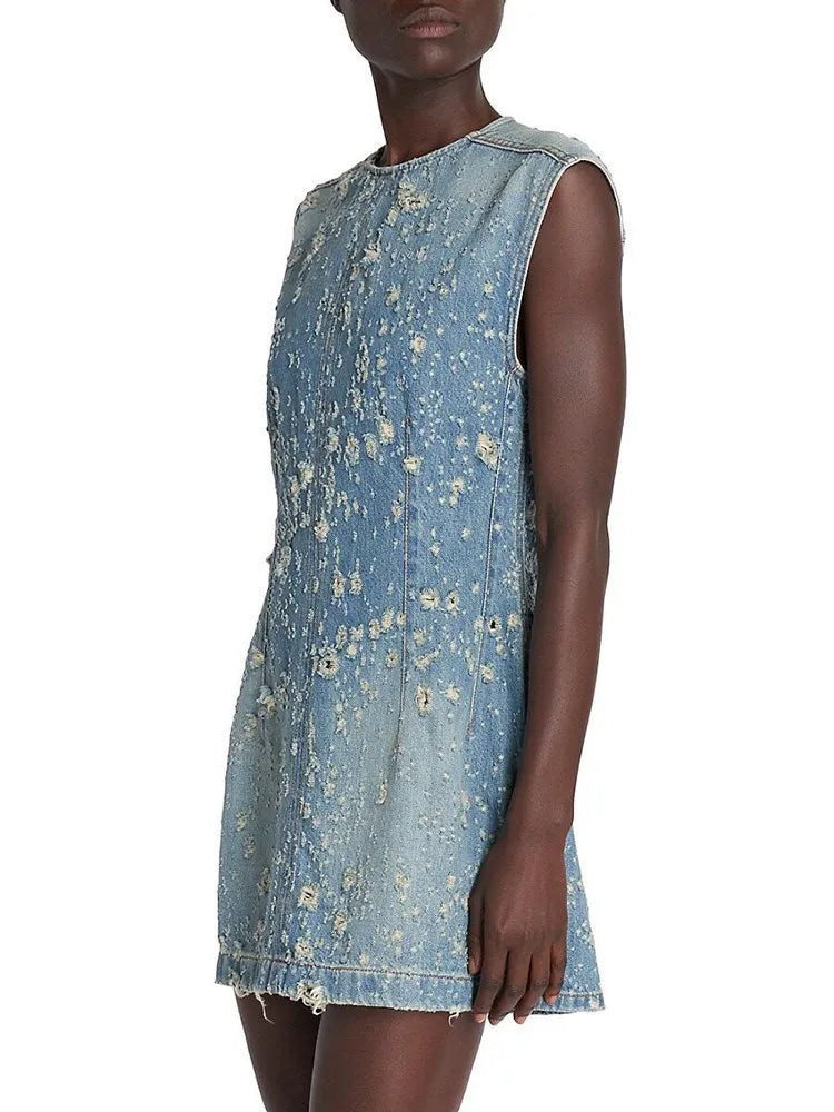 Denim Hollow Out Dresses For Women Round Neck Sleeveless Tunic Patchwork Pockets Vintage Dress Female Fashion Style